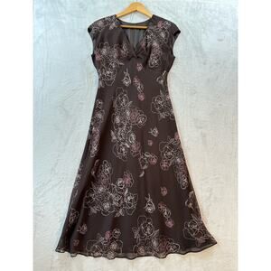 Vintage Y2K Jones Wear Women’s 14 Brown Floral Print Lined Cap Sleeve Maxi Dress